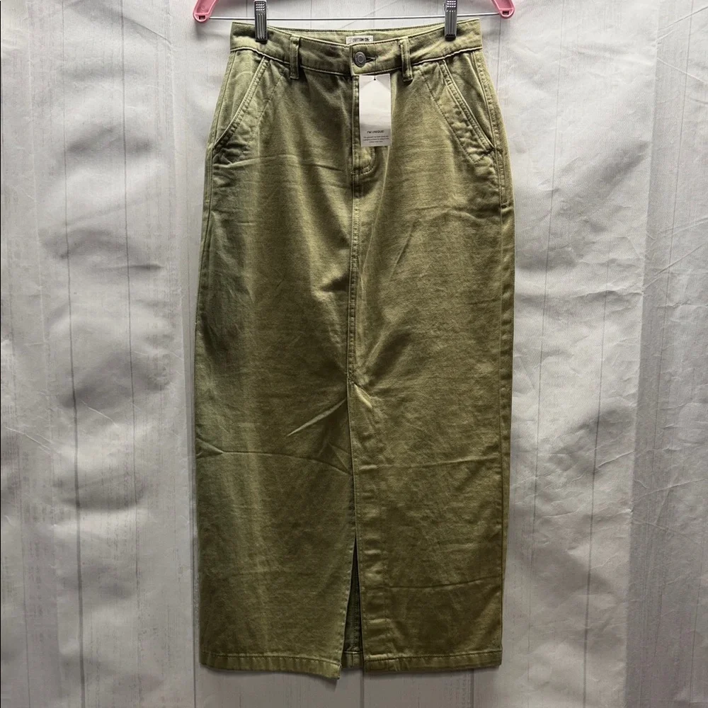 Cotton On NWT Khaki Green Denim Front Slit Midi Skirt Size 2